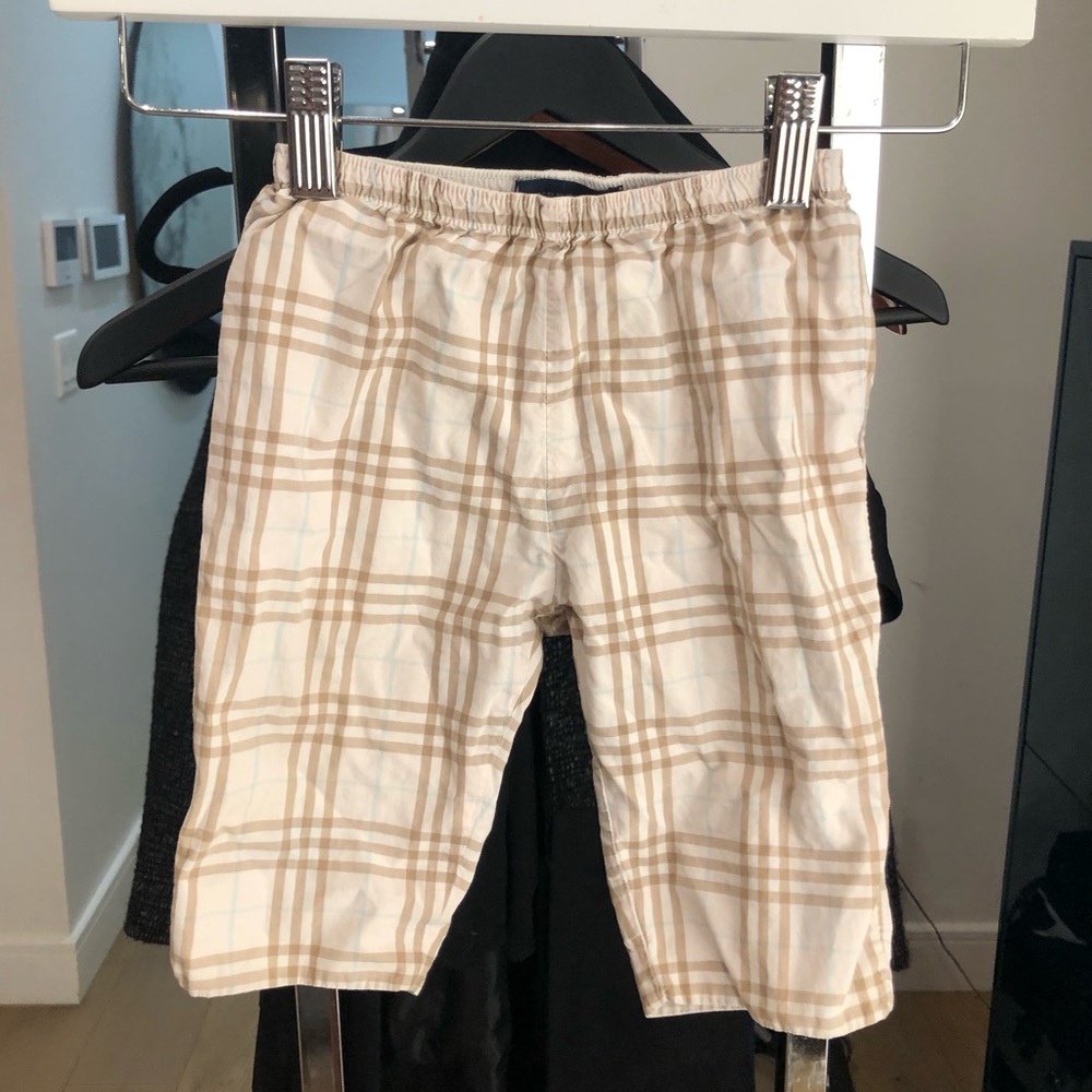 BURBERRY cute checkered plaid tan and beige unisex baby cotton pants | 6-9M